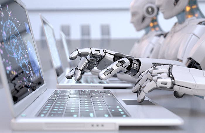 Robots working with laptops. 3D illustration