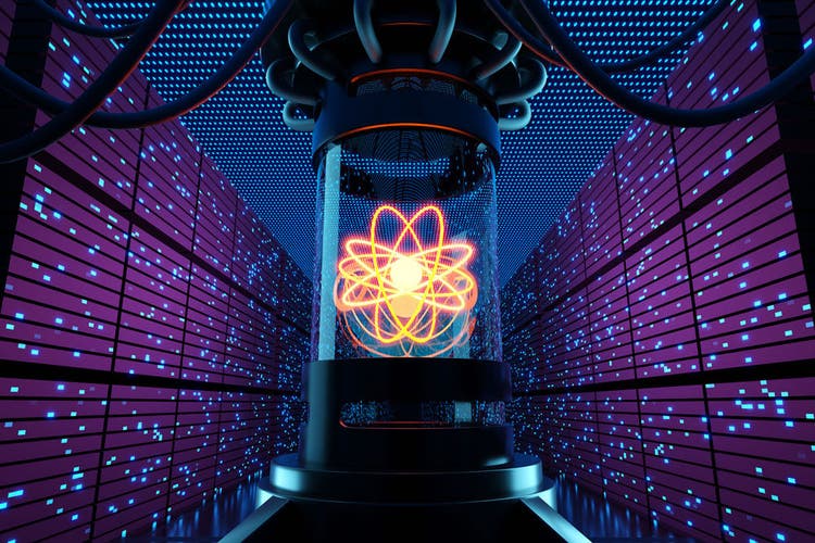Atom have a glowing core and orbits in a laboratory device connected with cables and surrounded by supercomputers. Illustration of the concept of quantum mechanics and quantum computer