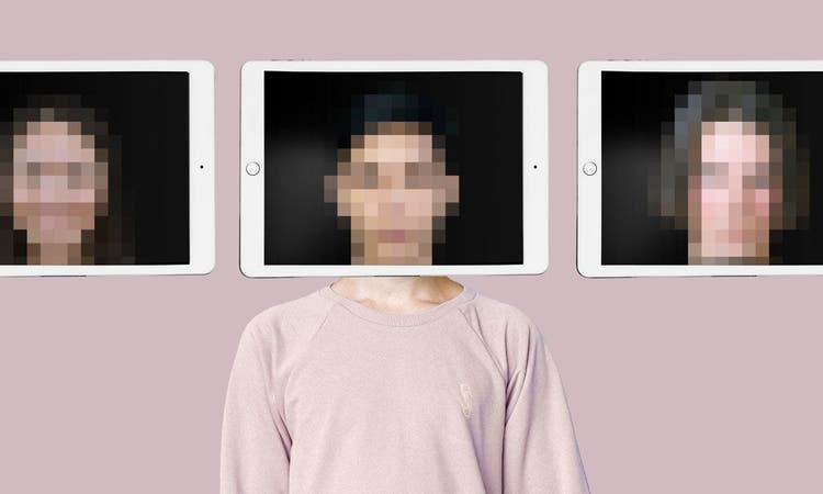 Changing face using AI generated deepfake technology concept. Multiple blurred person face on tablet screen, covering true identity. Spreading hoax using modern tech.